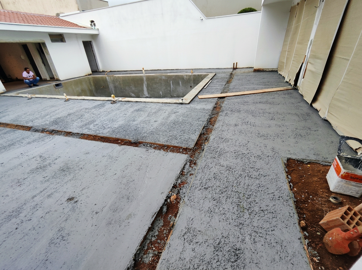 Obra de reforma com contrapiso e área de piscina em execução