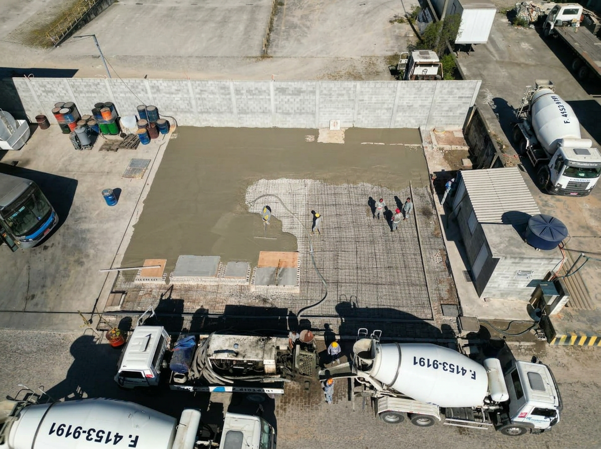 Vista aérea de concretagem de laje com equipe e acompanhamento técnico